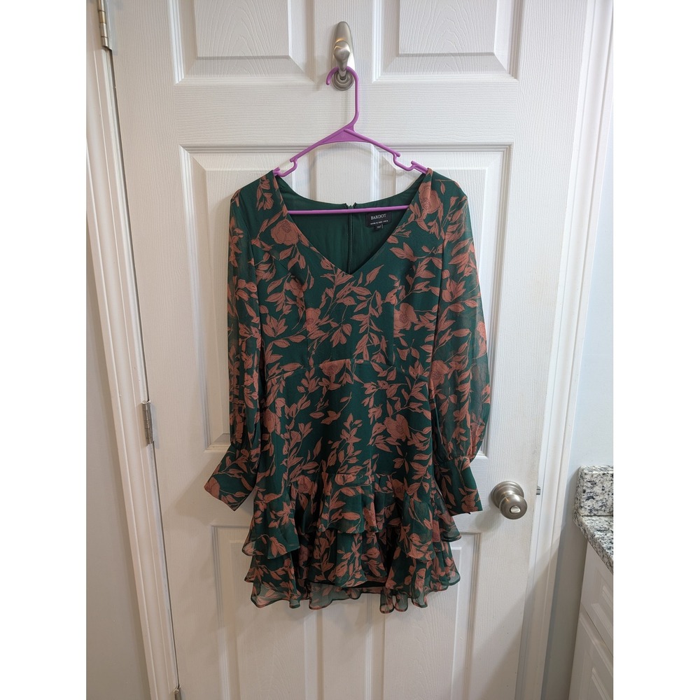 Bardot Madelyn Green Floral Print Long Sleeve Ruffle Mini Dress - Size S